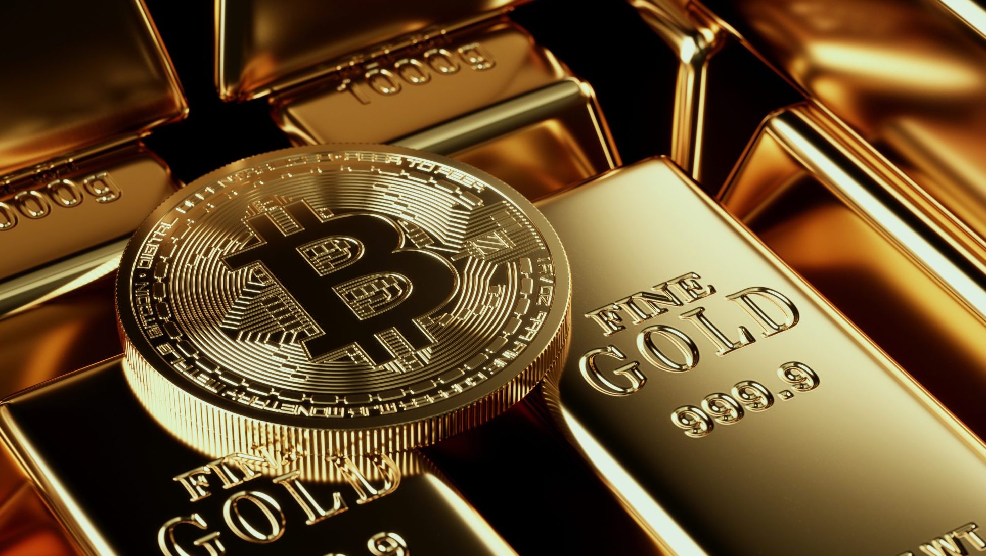 Bitcoin-Münze und Gold-Barren