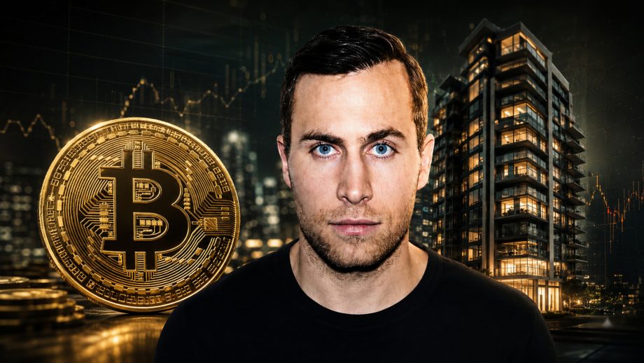 Bitcoin-Experte Leon Wankum steht vor einer BTC-Münze und einer Immobilie