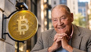 Bitcoin-Münze und John Bogle