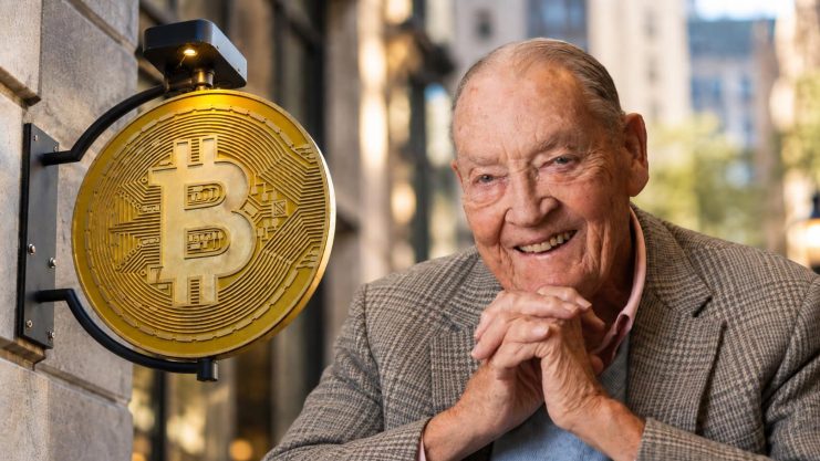Bitcoin-Münze und John Bogle