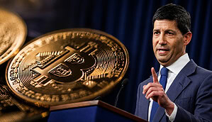 Eine Bitcoin-Münze neben dem Fed-Chef Kevin Warsh.