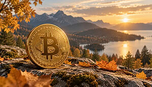 Das Bild zeigt eine Bitcoin-Münze in der Natur