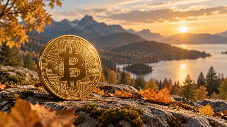 Das Bild zeigt eine Bitcoin-Münze in der Natur
