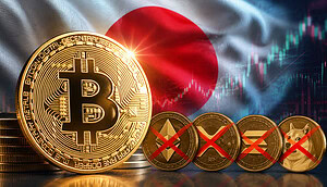 Bitcoin-Münze vor Japan-Fahne, außerdem durchgestrichen Münzen von ETH, SOL, XRP und DOGE