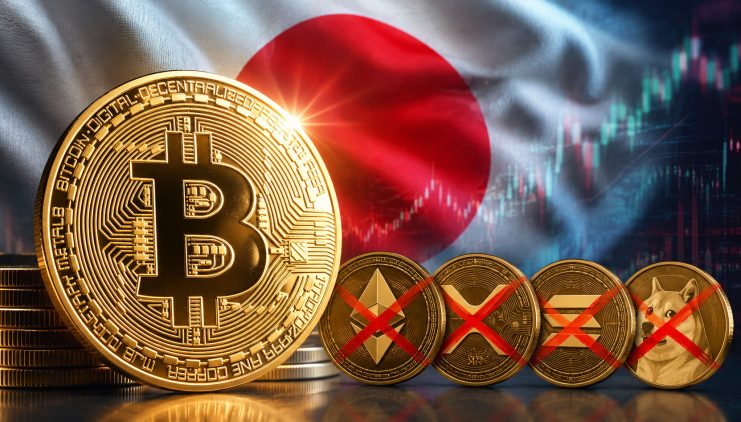 Bitcoin-Münze vor Japan-Fahne, außerdem durchgestrichen Münzen von ETH, SOL, XRP und DOGE