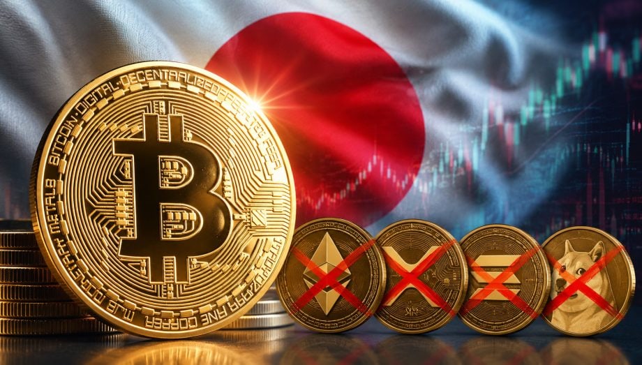 Bitcoin-Münze vor Japan-Fahne, außerdem durchgestrichen Münzen von ETH, SOL, XRP und DOGE