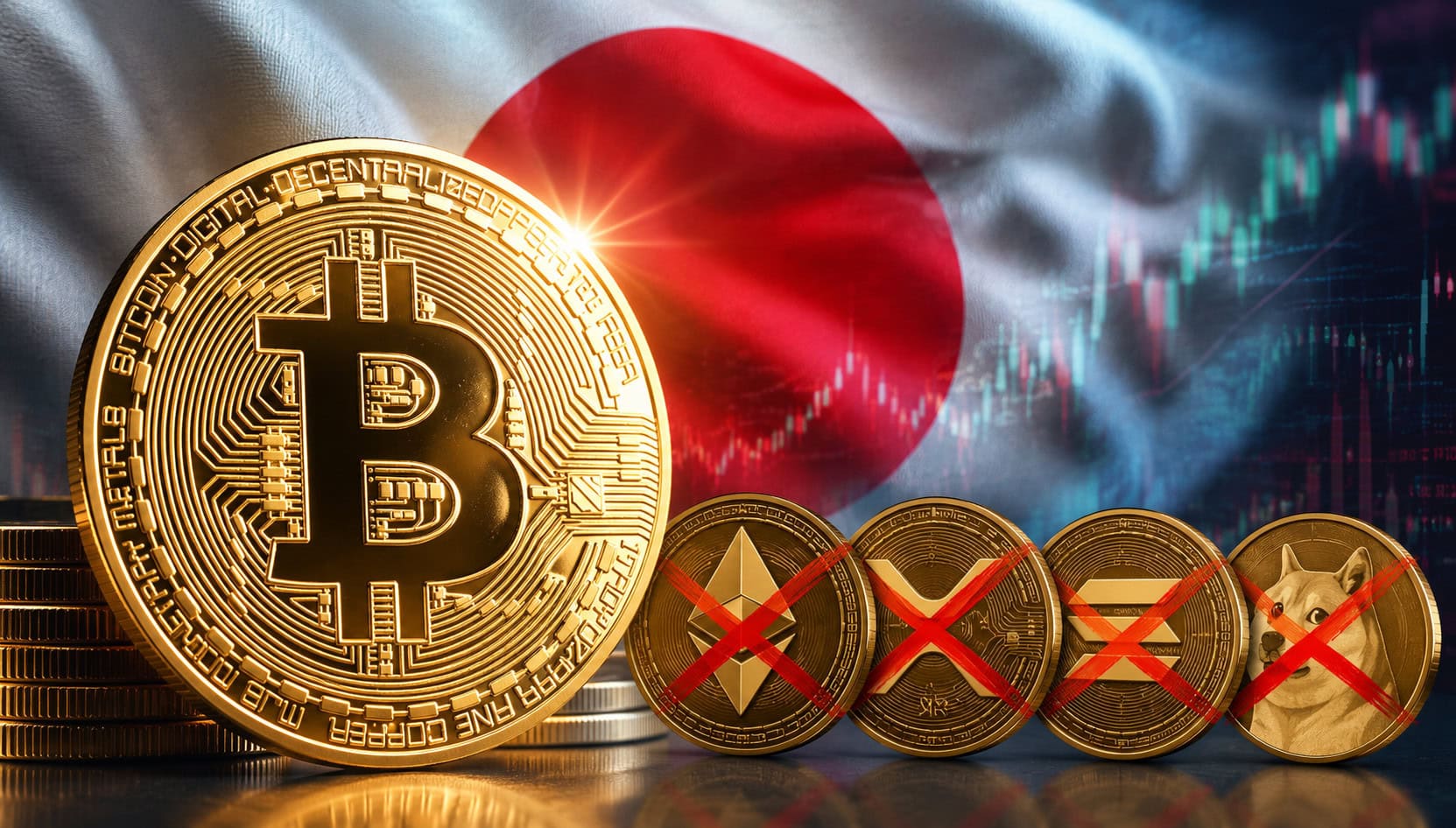 Bitcoin-Münze vor Japan-Fahne, außerdem durchgestrichen Münzen von ETH, SOL, XRP und DOGE