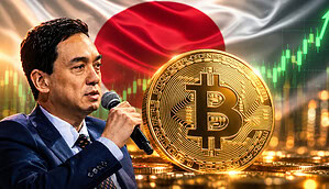 Metaplanet-CEO Simon Gerovich vor Japan-Fahne und Bitcoin-Münze