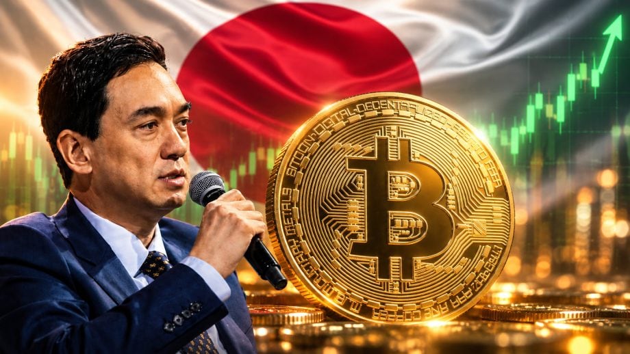 Metaplanet-CEO Simon Gerovich vor Japan-Fahne und Bitcoin-Münze