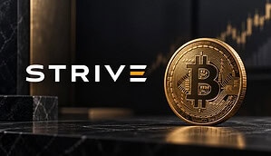 Das Bild zeigt das Strive-Logo und eine Bitcoin-Münze