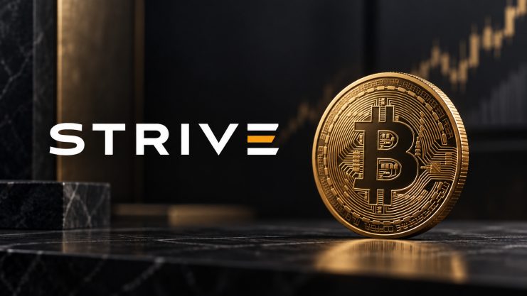 Das Bild zeigt das Strive-Logo und eine Bitcoin-Münze