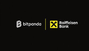 Bitpanda- und Raiffeisen-Bank-Logo stehen sich auf schwarzem Hintergrund