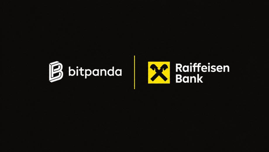 Bitpanda- und Raiffeisen-Bank-Logo stehen sich auf schwarzem Hintergrund