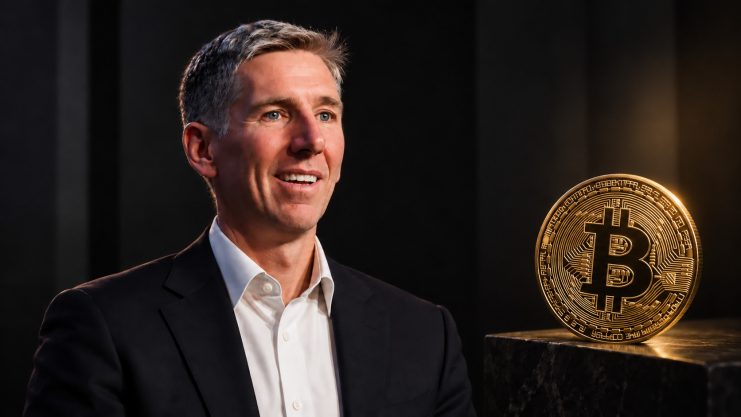 Das Bild zeigt Matt Hougan und eine Bitcoin-Münze