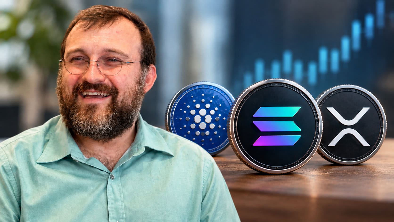 Ein Porträt von Charles Hoskinson neben Cardano, Solana und XRP vor einem dezenten, neutralen Hintergrund