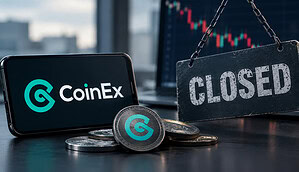 Coinex logo mit Coins und einem Closed Schild
