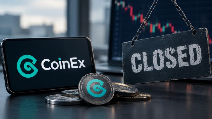 Coinex logo mit Coins und einem Closed Schild