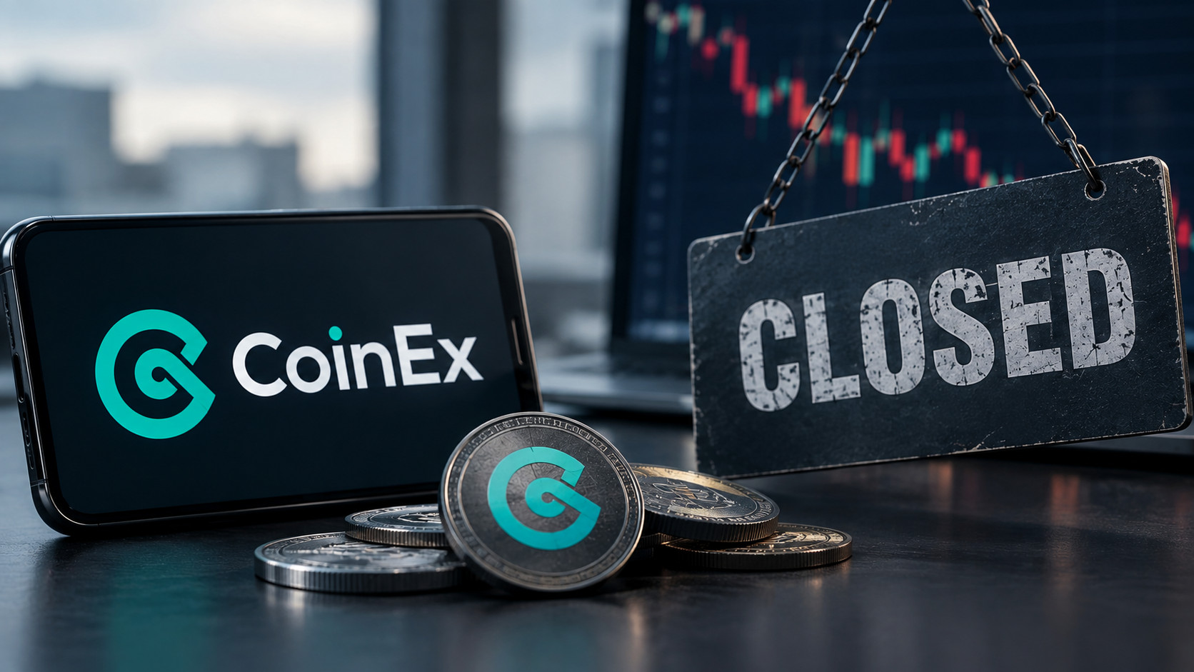 Coinex logo mit Coins und einem Closed Schild