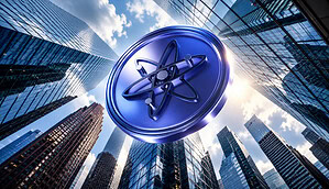 Das Cosmos Logo schwebt vor einem Hintegrund mit Wolkenkratzern aus Glas