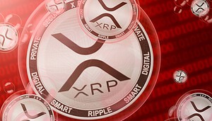 XRP-Münze vor roten Zahlen im Hintergrund