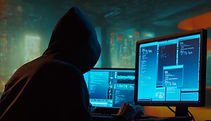 Das Bild zeigt einen Hacker vor einem Bildschirm