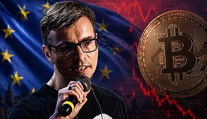 Josef Tětek vor EU-Fahne und Bitcoin-Münze
