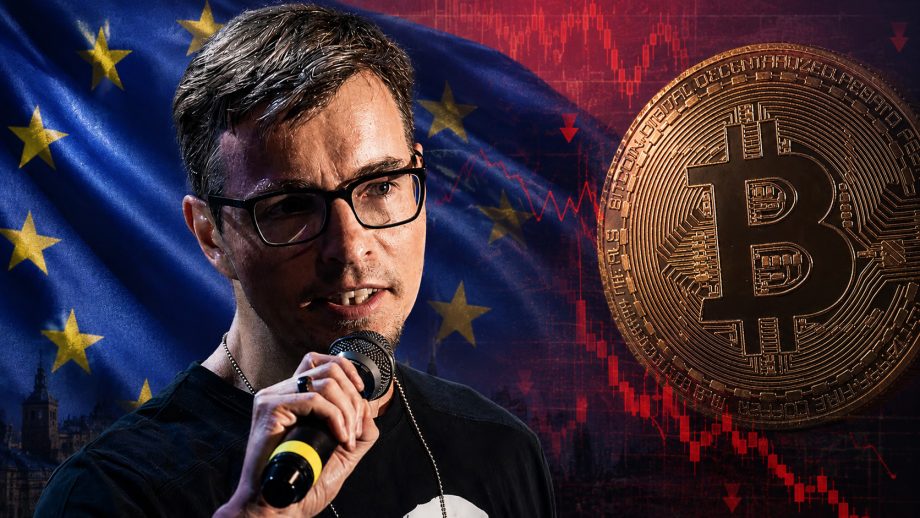 Josef Tětek vor EU-Fahne und Bitcoin-Münze