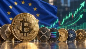 Bitcoin und andere Krypto-Münzen vor EU-Fahne und steigendem Chartbild