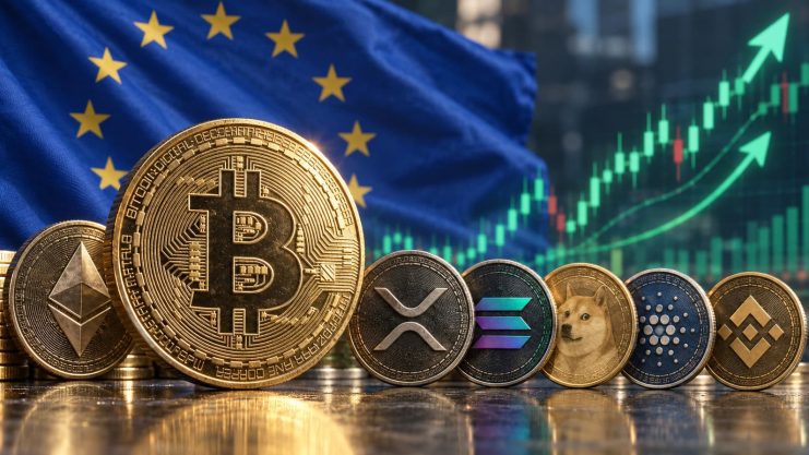 Bitcoin und andere Krypto-Münzen vor EU-Fahne und steigendem Chartbild