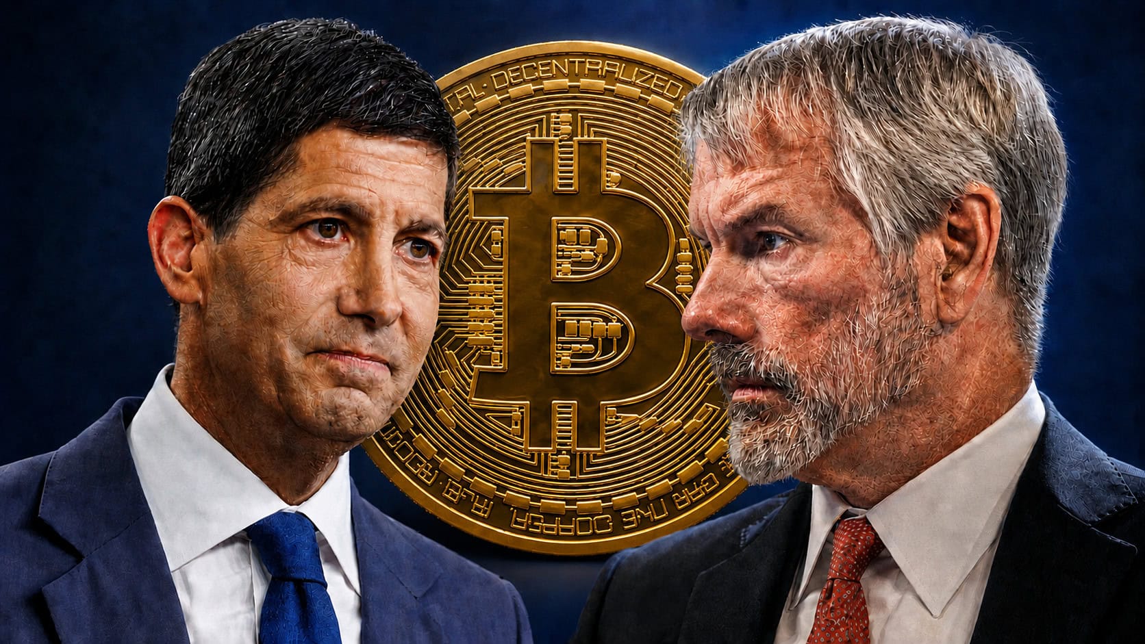 Kevin Warsh und Michael Saylor schauen sich an. Hinter ihnen ist eine Bitcoin-Münze.