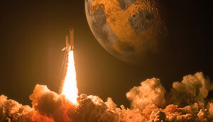 Bild zeigt eine Rakete, die zum Mond fliegt