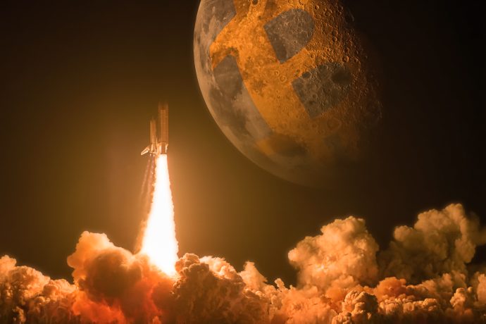 Bild zeigt eine Rakete, die zum Mond fliegt