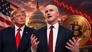 Trump, Armstrong und eine Bitcoin-Münze vor rötlichem Hintergrund