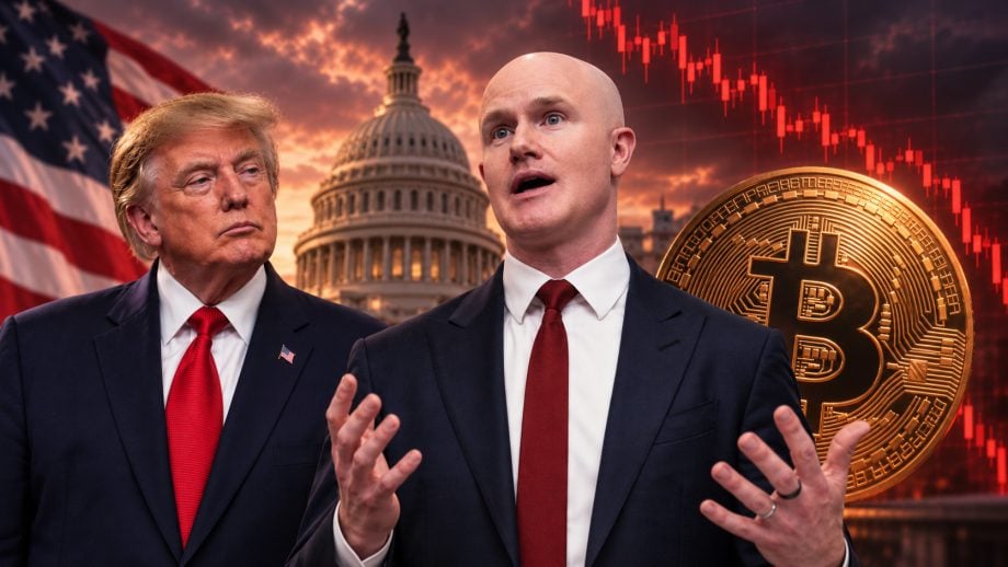 Trump, Armstrong und eine Bitcoin-Münze vor rötlichem Hintergrund