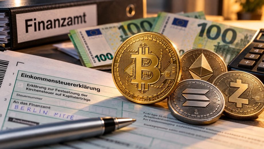 Krypto-Münzen vor Steuersymbolik