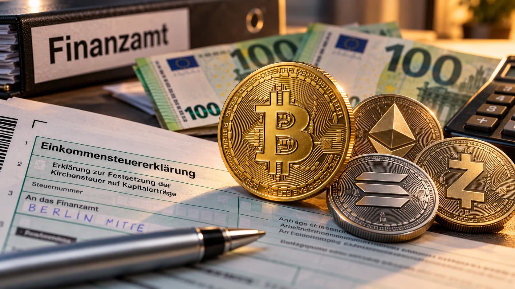 Krypto-Münzen vor Steuersymbolik