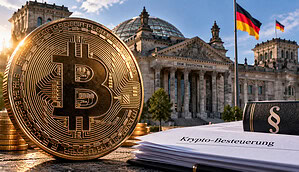 Bitcoin-Münze vorm Bundestag