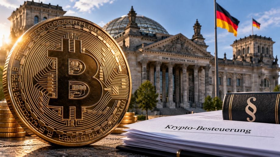 Bitcoin-Münze vorm Bundestag