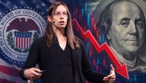 Bildmontage zum Interview mit Lyn Alden über die Grenzen der US-Geldpolitik, mit dem Siegel der Federal Reserve, einem Abwärtspfeil und einer US-Dollar-Note.