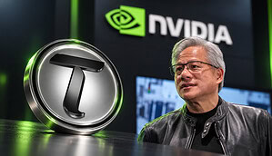 Nvidia-Chef Jensen Huang neben einer Bittensor-Münze.