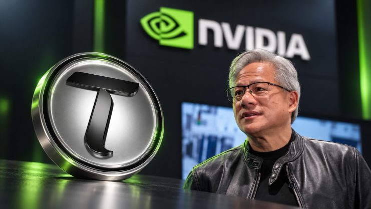 Nvidia-Chef Jensen Huang neben einer Bittensor-Münze.