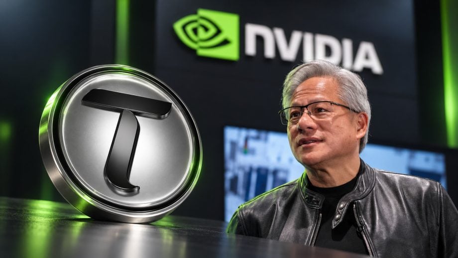 Nvidia-Chef Jensen Huang neben einer Bittensor-Münze.