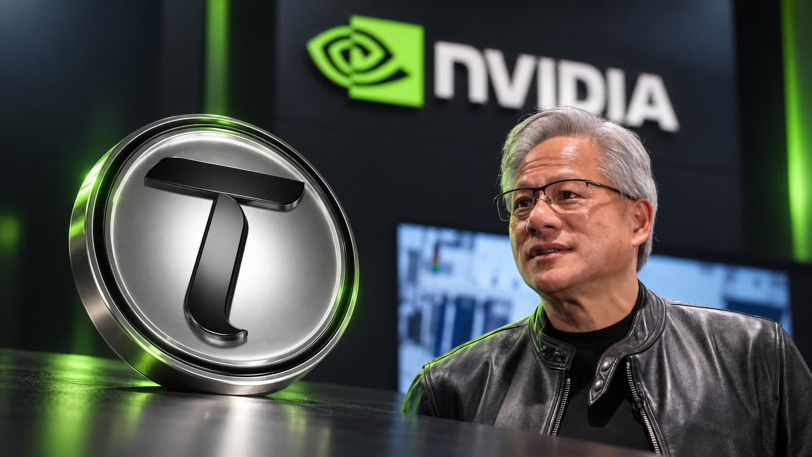 Nvidia-Chef Jensen Huang neben einer Bittensor-Münze.