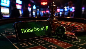 Ein Robinhood-Logo auf einem Smartphone in einem Casino