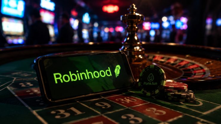 Ein Robinhood-Logo auf einem Smartphone in einem Casino