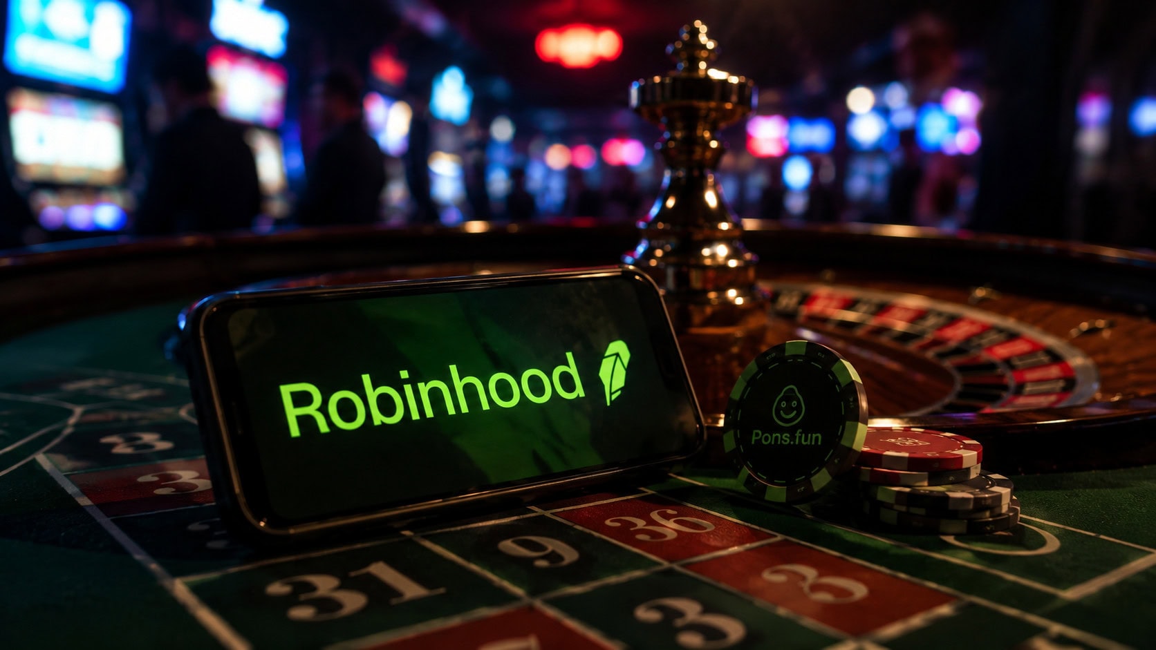 Ein Robinhood-Logo auf einem Smartphone in einem Casino