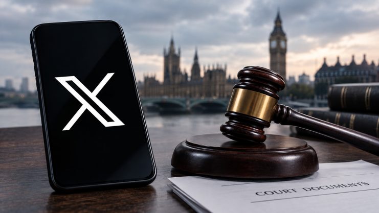 Ein X-Logo neben einem symbolischen Richterhammer vor einem schlichten, neutralen Hintergrund.