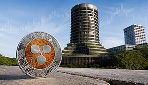 XRP-Münze vor BIZ-Gebäude