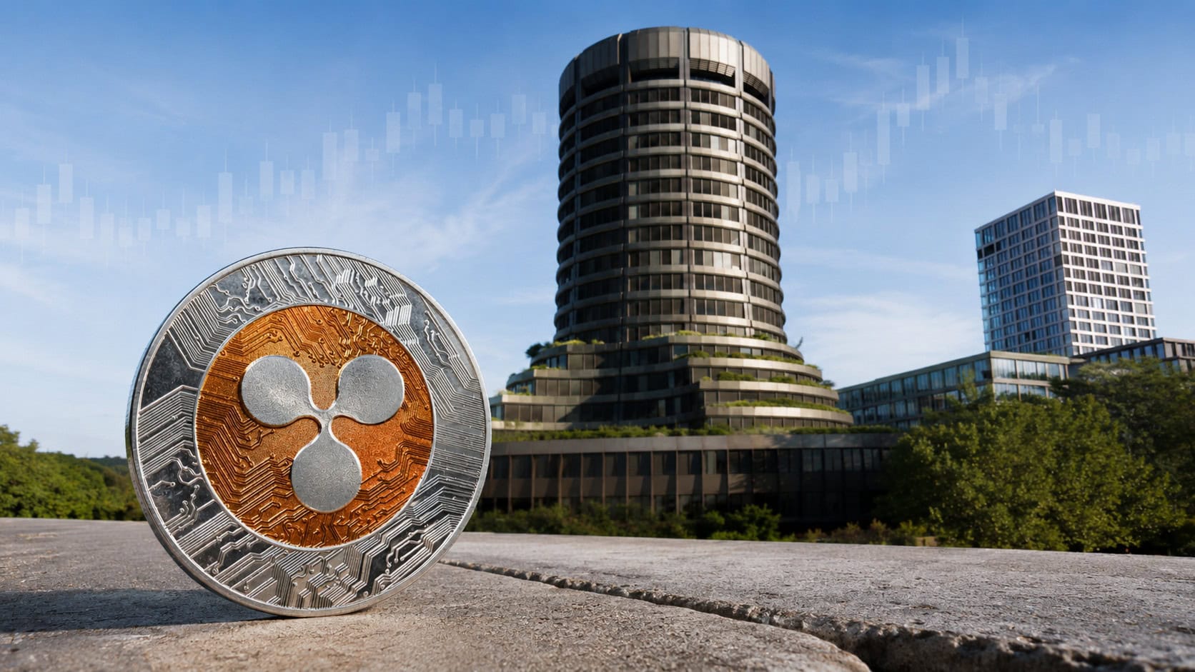 XRP-Münze vor BIZ-Gebäude