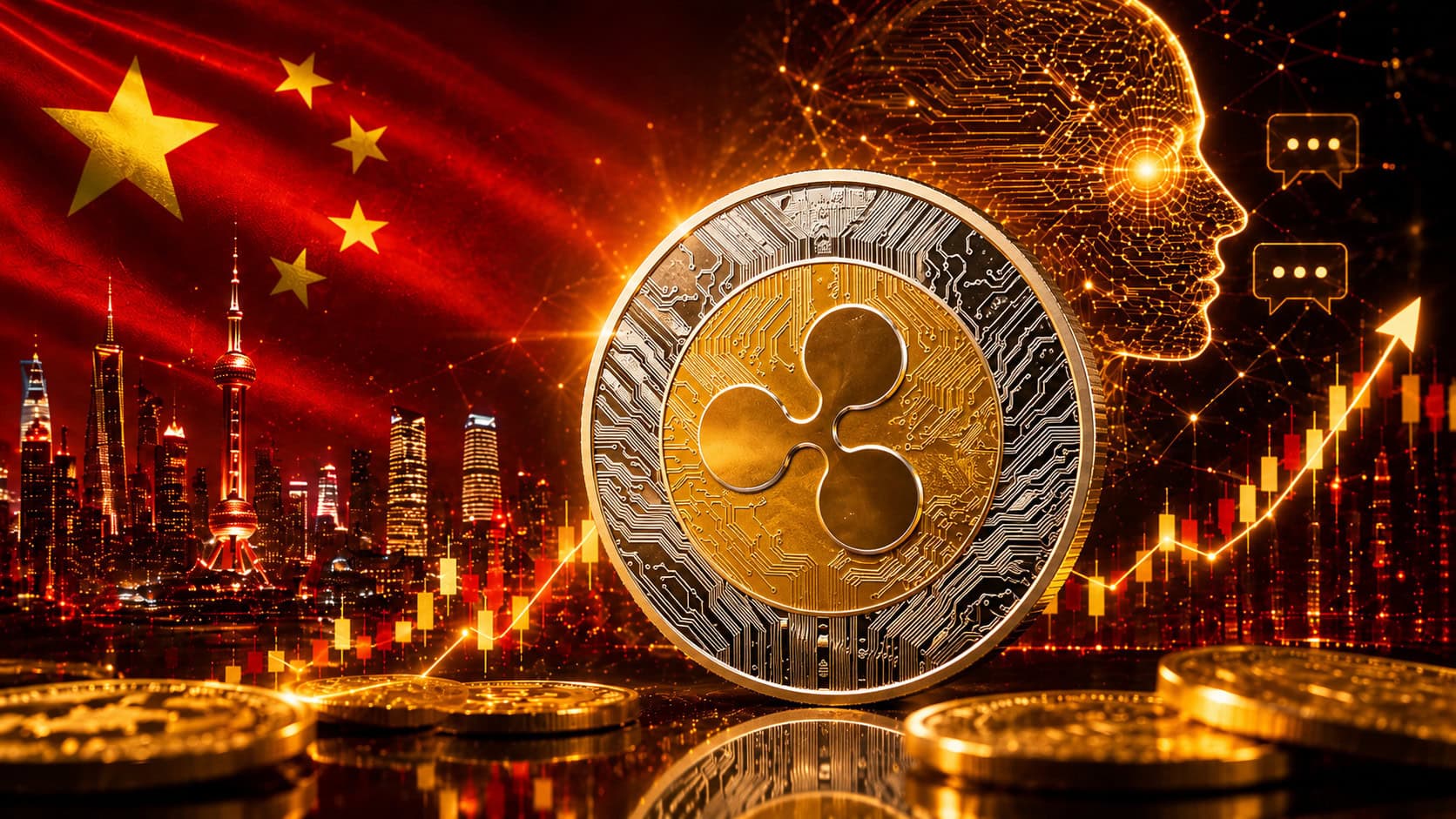 XRP-Münze vor China-KI-Symbolik